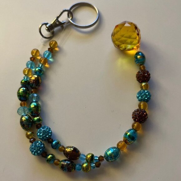 Beaded Suncatcher Car Charm Rearview Mirror Ornament TurquoiseGold Crystal Prism - Picture 2 of 10